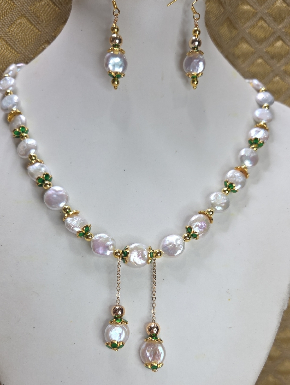Freshwater Pearl and Green Enamel Flower Accent Necklace & Earring Set 925